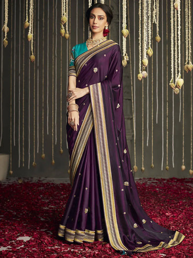 Fantastic Purple Silk Embroidered Reception Wear Saree With Blouse